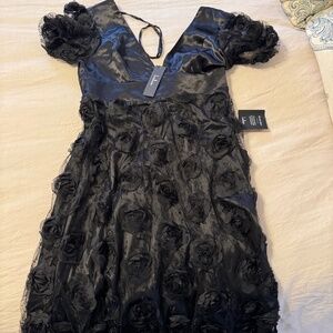 Lulus Elevation Black Lace Rosette Puff Sleeve Midi Dress